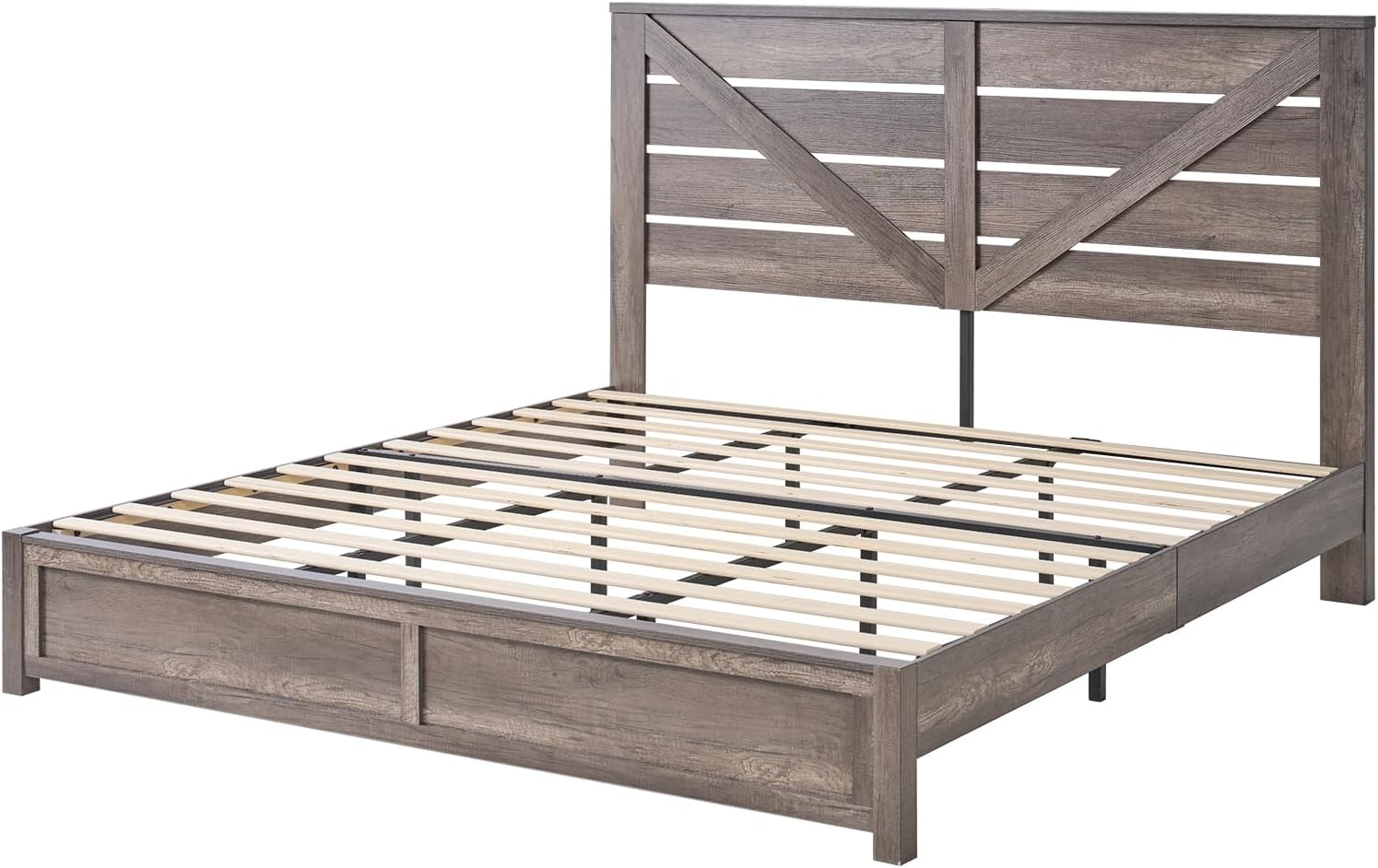 AMERLIFE King Size Farmhouse Bed Frame with 49.2" Barn Door Headboard, Platform Bed Frame with Wood Slats, Under Bed Storage Space, Easy Assembly, Noisy Free, Rustic Gray