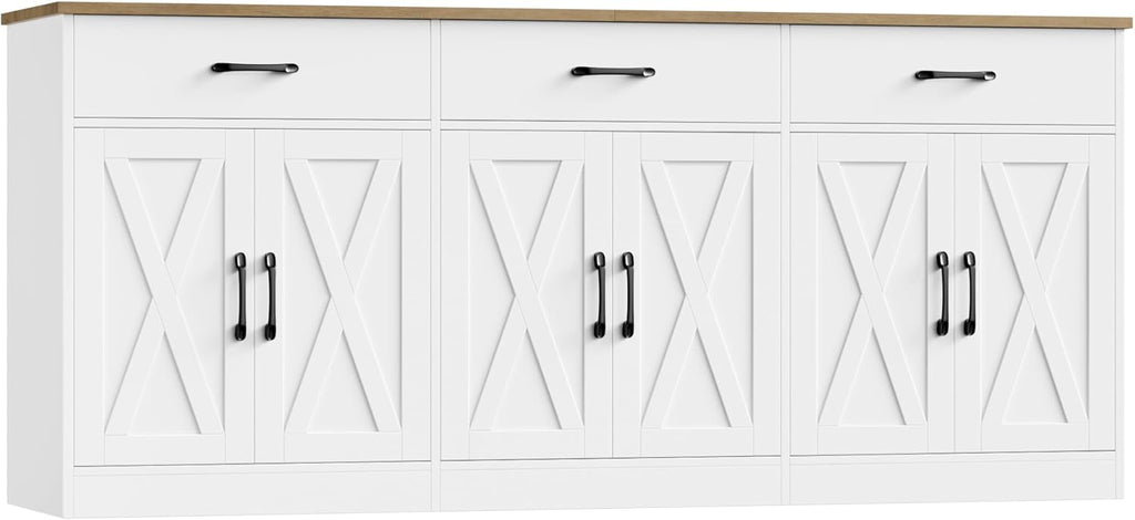 HOSTACK 71" Large Sideboard Buffet Cabinet with Storage, Farmhouse Coffee Bar Cabinet with 3 Drawers, Long Kitchen Buffet Table, Kitchen Sideboard Storage Cabinet for Dining Room, Living Room, White