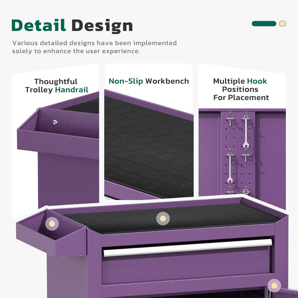 Greenvelly Tool Chest, 5-Drawer Rolling Tool Chest with Hooks and Lockable Wheels, Detachable Top Tool Box, Toolbox with Wheels, Rolling Tool Box for Mechanics Garage Workshop and Tool Room (Purple)