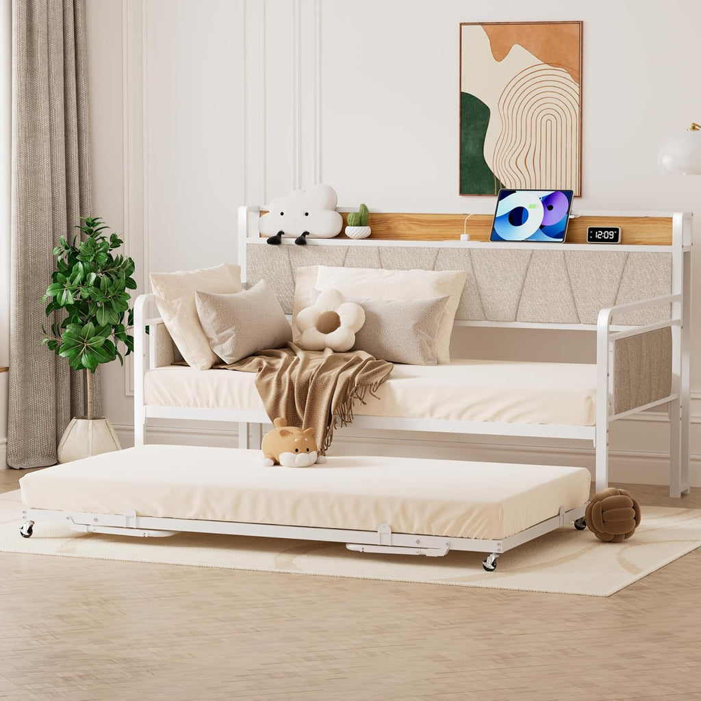 Twin Daybed with Trundle, Modern Twin Size Sofa Day Bed, Sturdy Metal Bed Frame with Upholstered Headboard for Living Room, Bedroom, Studio Apartment (White)