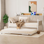 Twin Daybed with Trundle, Modern Twin Size Sofa Day Bed, Sturdy Metal Bed Frame with Upholstered Headboard for Living Room, Bedroom, Studio Apartment (White)