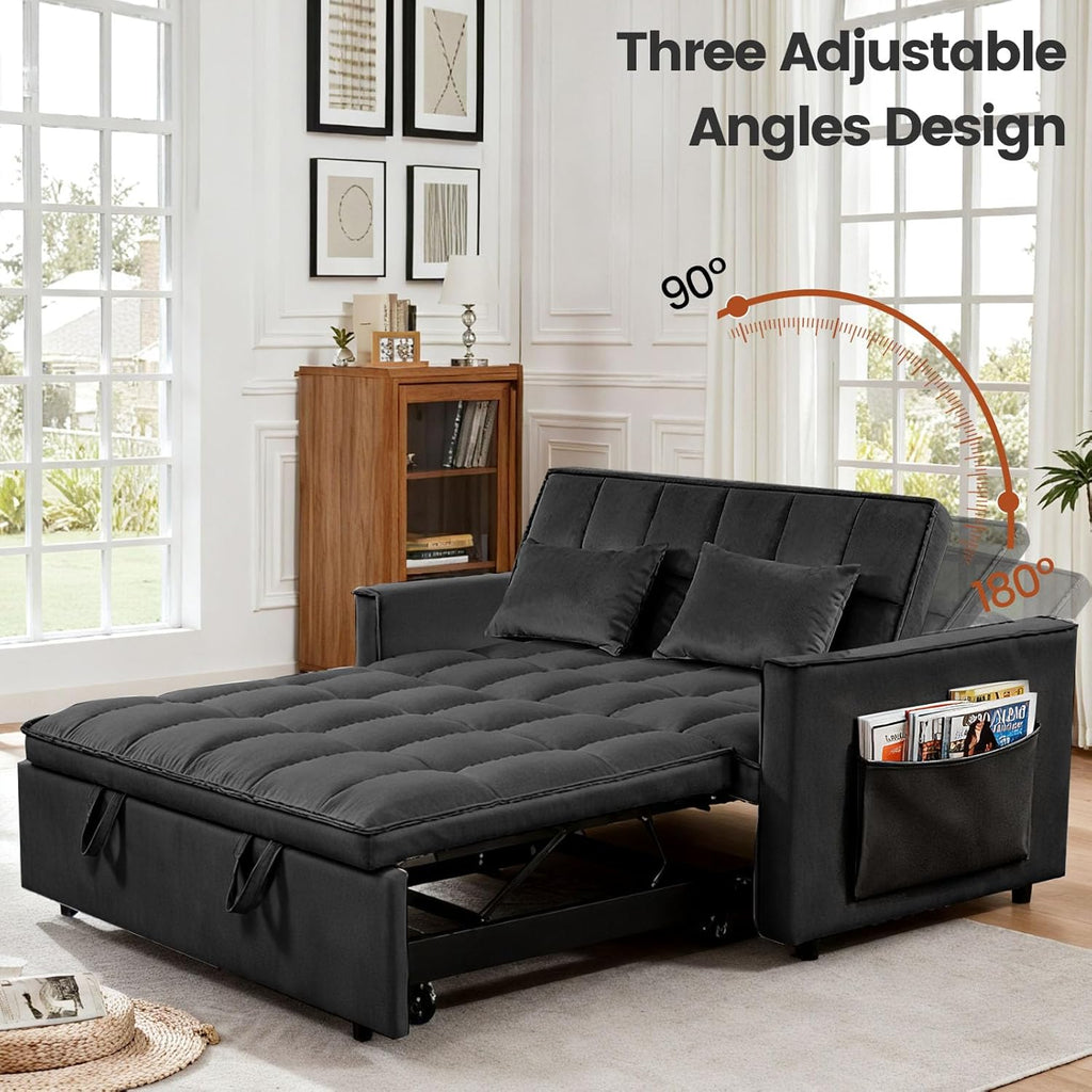 Convertible Sofa Bed, Pull Out Couch with Side Pockets, 3 in 1 Velvet Fabric Loveseat Sleeper Sofa Bed, Pull Out Couch with Adjustable Backrest for Living Room, Bedroom, Apartment, Black