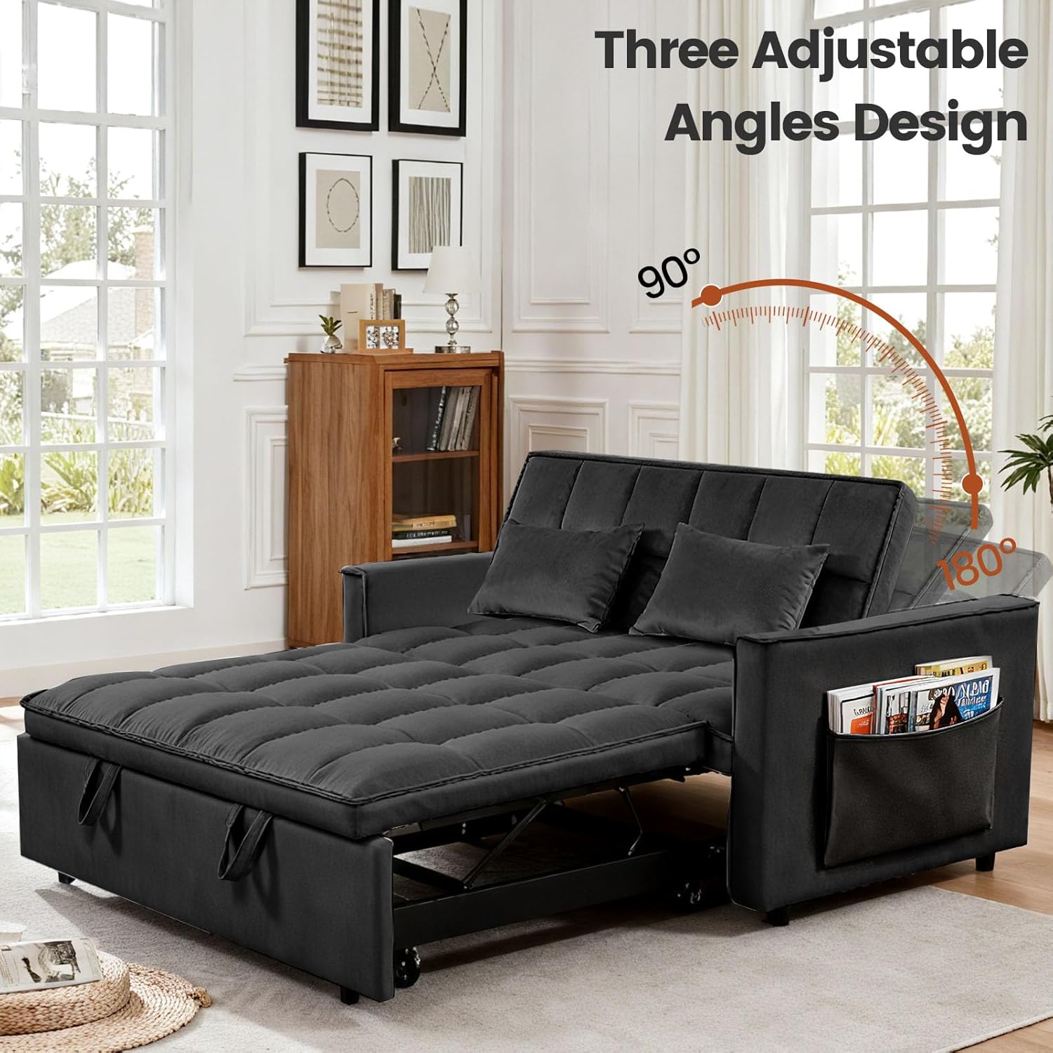 Convertible Sofa Bed, Pull Out Couch with Side Pockets, 3 in 1 Velvet Fabric Loveseat Sleeper Sofa Bed, Pull Out Couch with Adjustable Backrest for Living Room, Bedroom, Apartment, Black