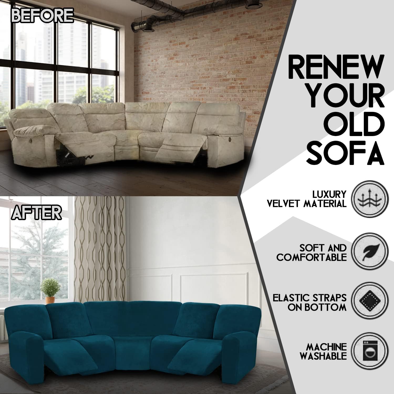 ULTICOR Velvet 7-Piece Sectional Recliner Sofa Cover (Deep Teal, L Shape 5 Seat, Sturdy, Soft, Washable)