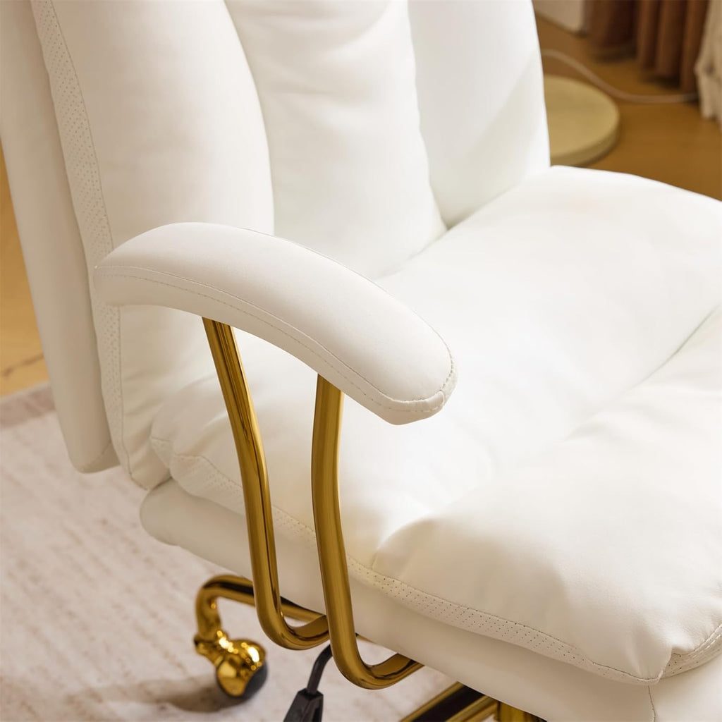 VINGLI Home Office Desk Chair Comfy with Wheels & Removable Armrests,Gold Base Vanity Chair with Back, Adjustable Rolling Swivel Computer Task Chair for Study,Makeup,Office,Bedroom,PU Leather,White