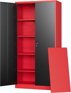 Letaya Metal Storage Cabinets with Lock, 72" Tall Locker Organizer Steel Cabinets, Adjustable Layers Shelves 2 Doors for Home, Office, Warehouse,Garage(Black Red)