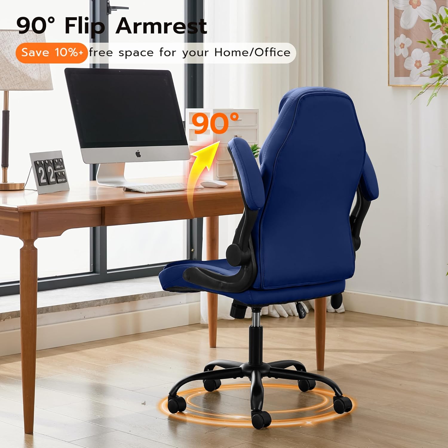 Office Desk Chair, Ergonomic Computer Chair with Padded Flip-Up Arms and Adjustable Lumbar Support, PU Leather Executive Chair with Tilt Lock and 360° Swivel Rolling Wheels for Work, Study