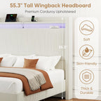 King Size Bed Frame with Tall Headboard, 55.3" Upholstered Platform King Bed Frame, Elegant Corduroy Wingback Bed with LED Lights & Charging Station, No Box Spring Needed, Solid Wood Slats, Cream