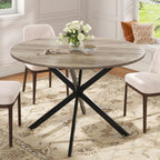 Unovivy 47 Inch Round Dining Table for 4, Space Saving Circle Dining Table with Pedestal Metal Frame, Farmhouse Wood Round Kitchen Table for Living & Dining Room, Light Ivory