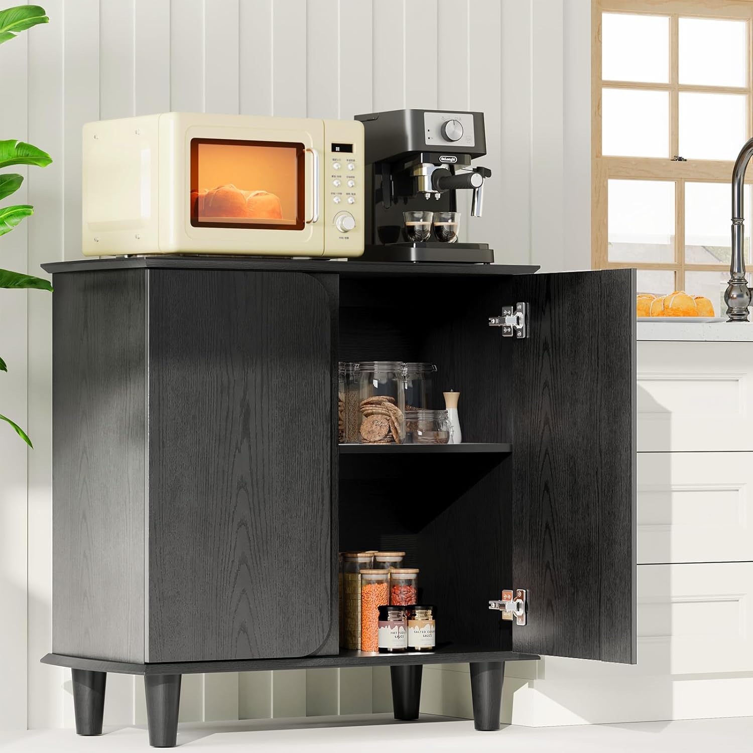 Sideboard Buffet Cabinet with Storage, Modern Black Freestanding Kitchen Cabinet with Raised Legs and Smooth Paint Finish, Curved Edge Accent Table for Living Room, Entryway, Dining Room