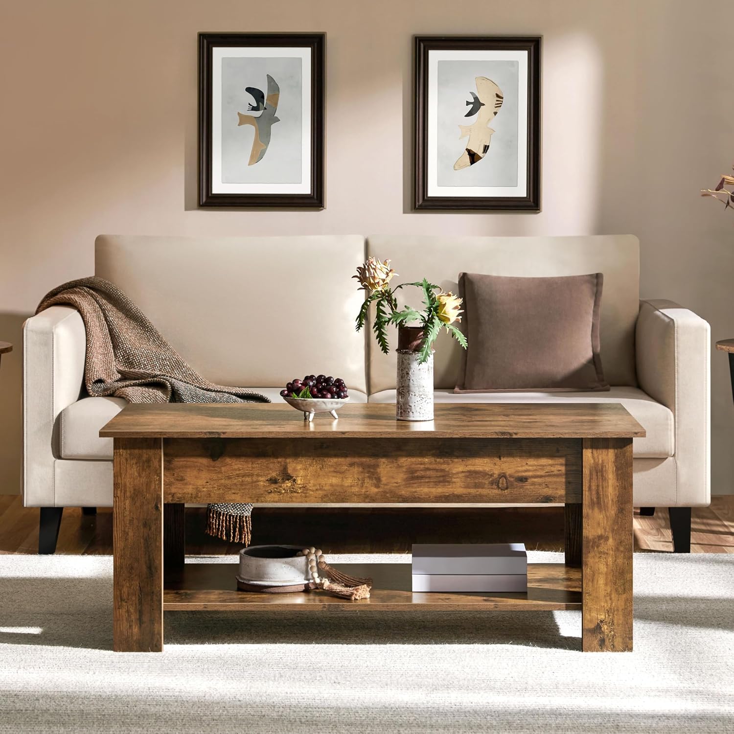 Yaheetech Coffee Table, 47.5in Lift top Coffee Table with Hidden Compartment and Storage Shelf, Lift Tabletop Dining Table for Living Room Reception Room, Rustic Brown