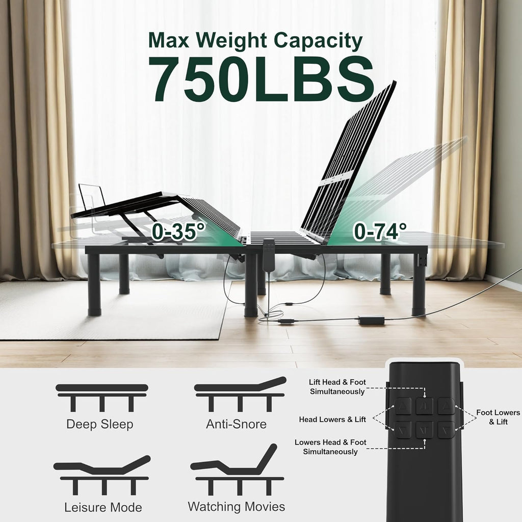 SunsGrove Queen Adjustable Bed Frame, Wired Remote Control, Independent Head and Foot Incline, Electric Bed Frame Base, Adjustable Bed Leg with 2 Height Options, Easy Assembly