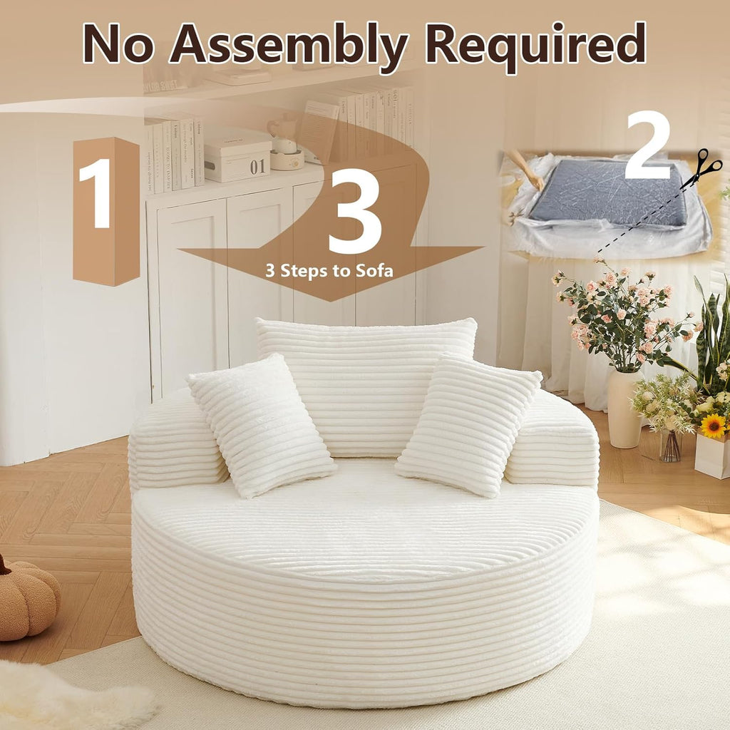 55'' Oversized Round Chair Lounge Chaise Indoor, Cloud Boneless Large Circle Chair with Plush Corduroy, No Assembly Required, Fluffy Modern Sleeper Sofa Bed for Reading, Living Room, Bedroom(White)