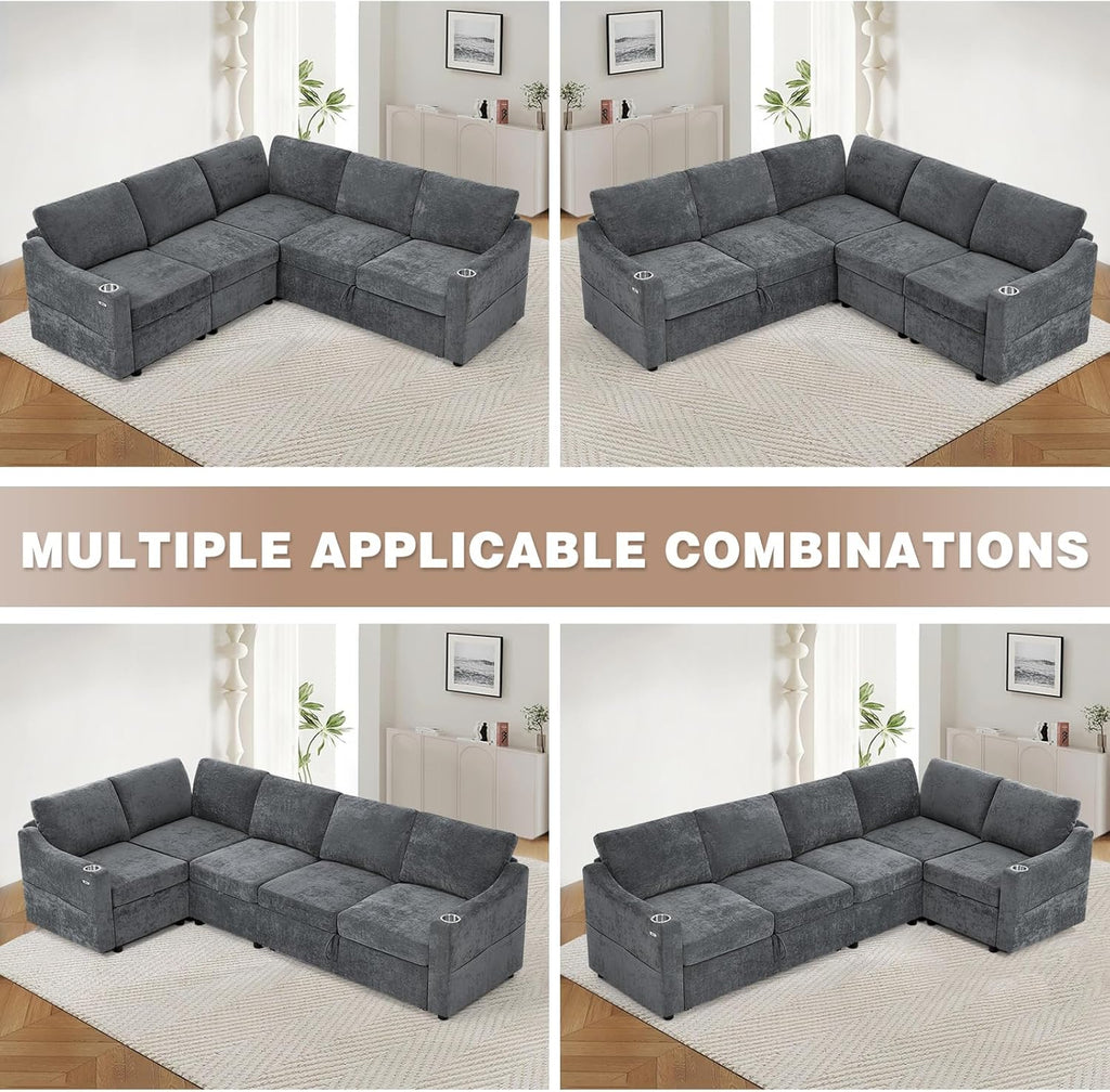 84" Chenille Modular Sofa Bed w/Adjustable Backrests, L-Shape Sleeper Sofa w/USB Ports & Storage Space, Convertible Corner Sectional Couch w/Pull Out Bed for House, Living Room, Grey