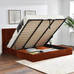 YUHUASHI King Size Storage Bed Frame, Vertical Striped headboard with Delicate Velvet Fabric, Hydraulic Lift for Storage, no Box Spring Needed, no Noise (OCHER, King (U.S. Standard))