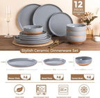 AmorArc Ceramic Dinnerware Sets for 4, 12 Pieces Handpainted Plates and Bowls Set with Rustic Terracotta Underside, Scratch Resistant Stoneware Dishes Set, Dishwasher & Microwave Safe, Gray