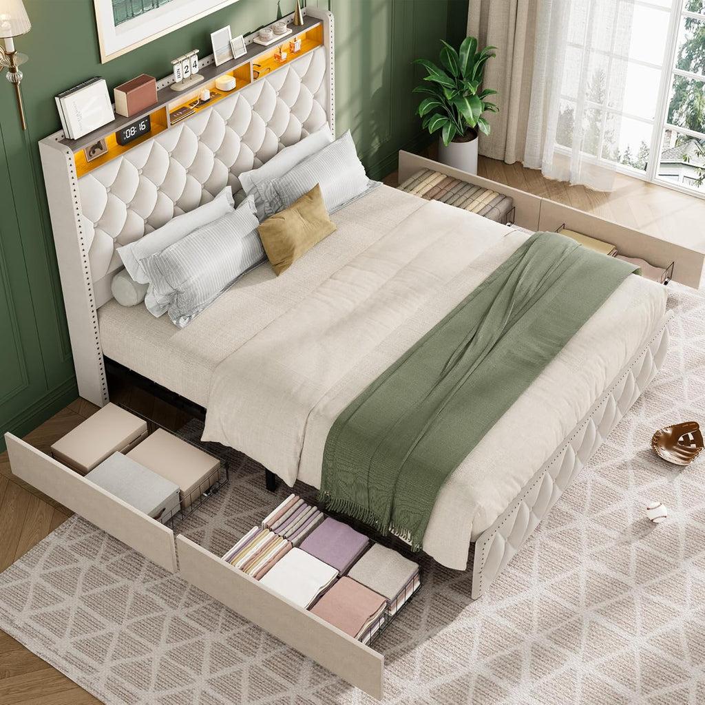 GarveeHome King Size Bed Frame with 50.8 in Tall Headboard, Platform Velvet Upholstered Bed Frame with 4 Storage Drawers, USB Charging Station, Led Lights, No Box Spring Needed, Easy Assembly, Beige