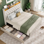 GarveeHome King Size Bed Frame with 50.8 in Tall Headboard, Platform Velvet Upholstered Bed Frame with 4 Storage Drawers, USB Charging Station, Led Lights, No Box Spring Needed, Easy Assembly, Beige