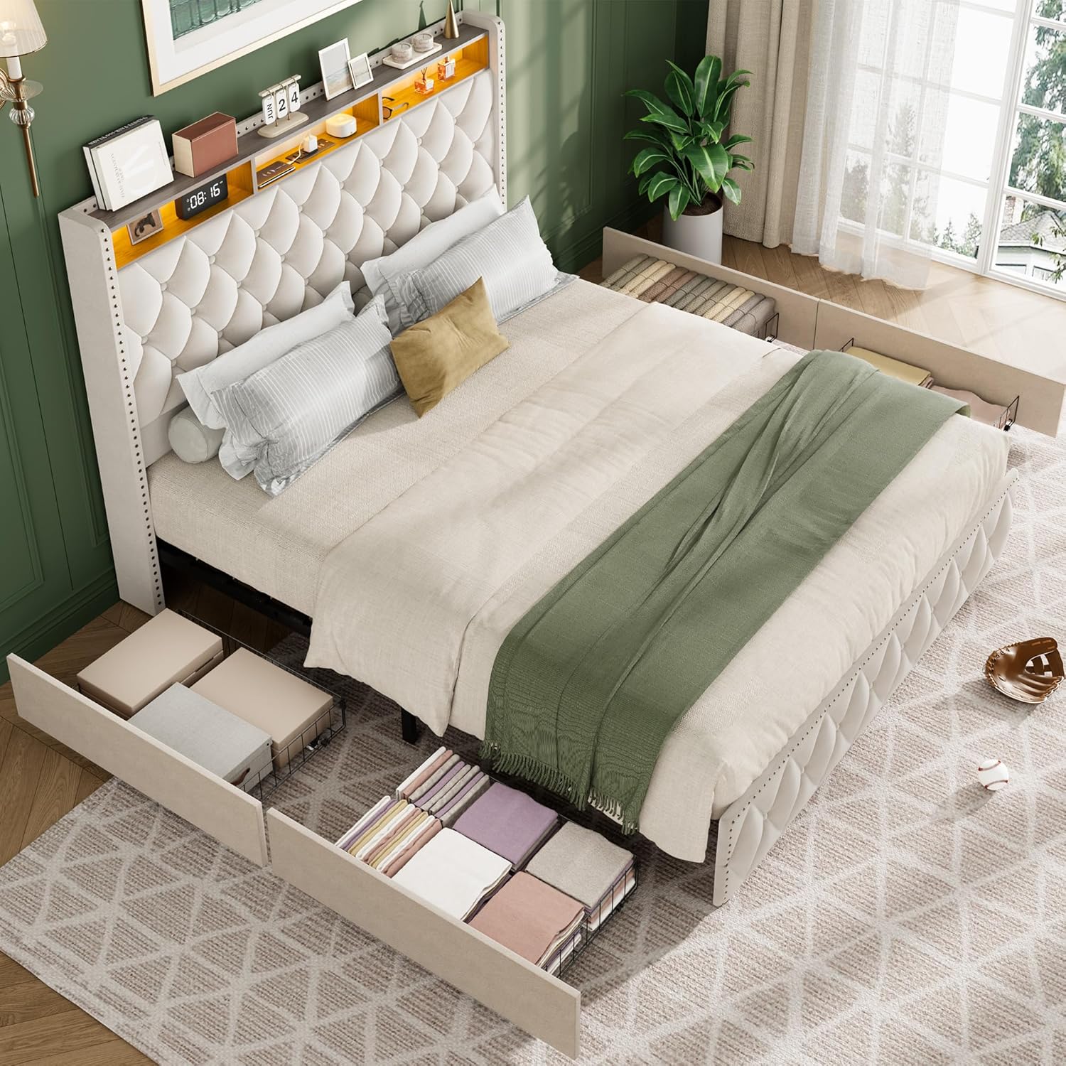 GarveeHome King Size Bed Frame with 50.8 in Tall Headboard, Platform Velvet Upholstered Bed Frame with 4 Storage Drawers, USB Charging Station, Led Lights, No Box Spring Needed, Easy Assembly, Beige