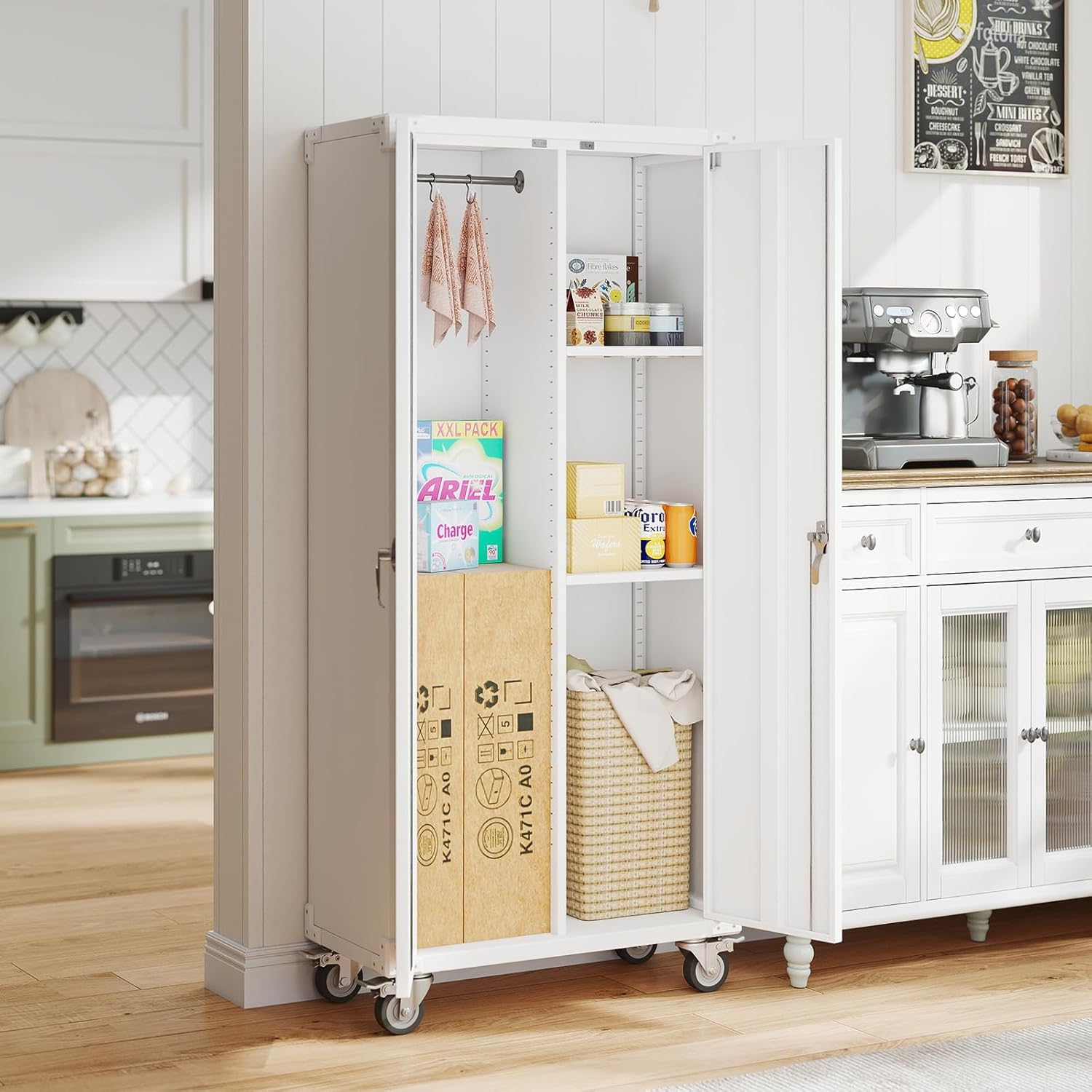 DUMOS Tall Metal Garage Storage Cabinet with Wheels and Adjustable Shelves, 72" Rolling Steel Tool Cabinet with 2 Lockable Doors for Garage, Home, Office, Gym, White