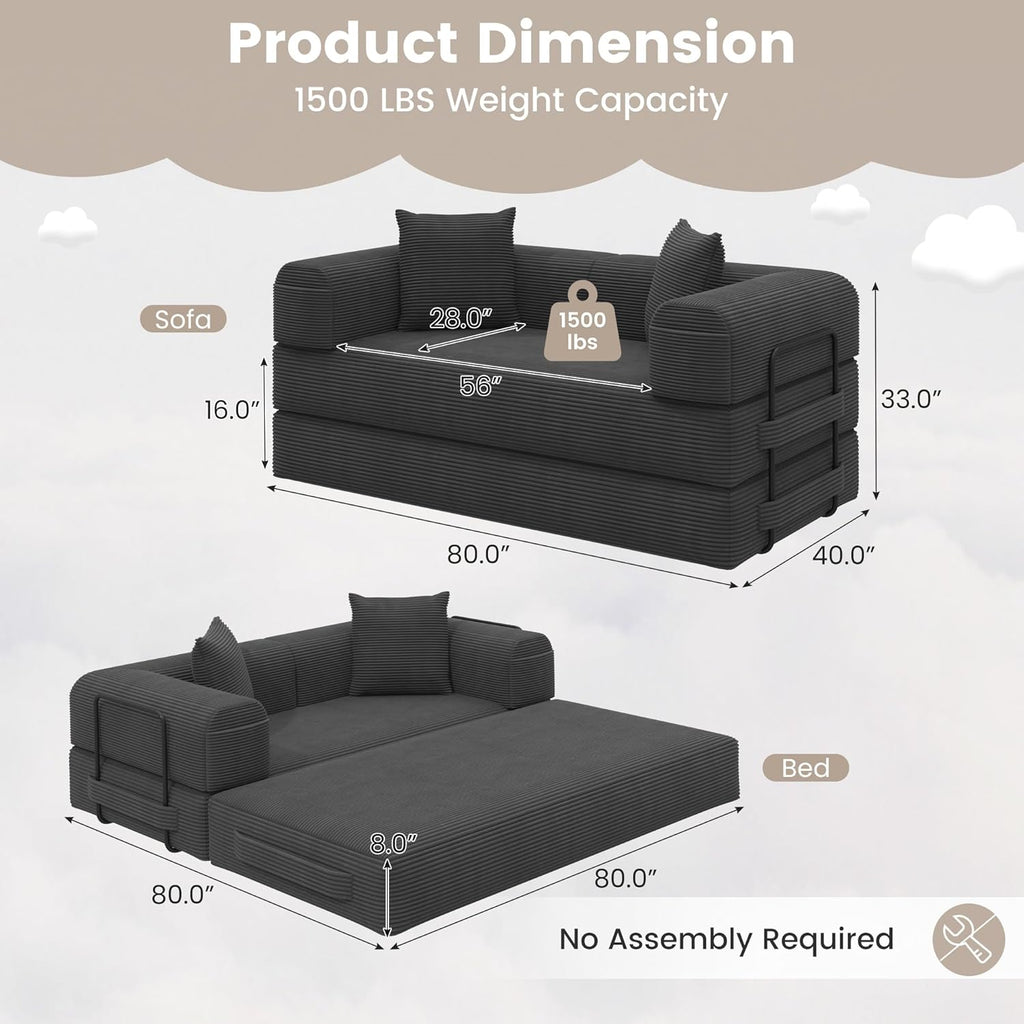 80" Convertible Sofa Bed, 5 in 1 Modular Boneless Couch Sleeper Sofa Bed with Fixed Frame & Removable Backrest Pillow, Washable Corduroy Futon Sofa Bed Couch in a Box for Small Spaces, Dark Grey
