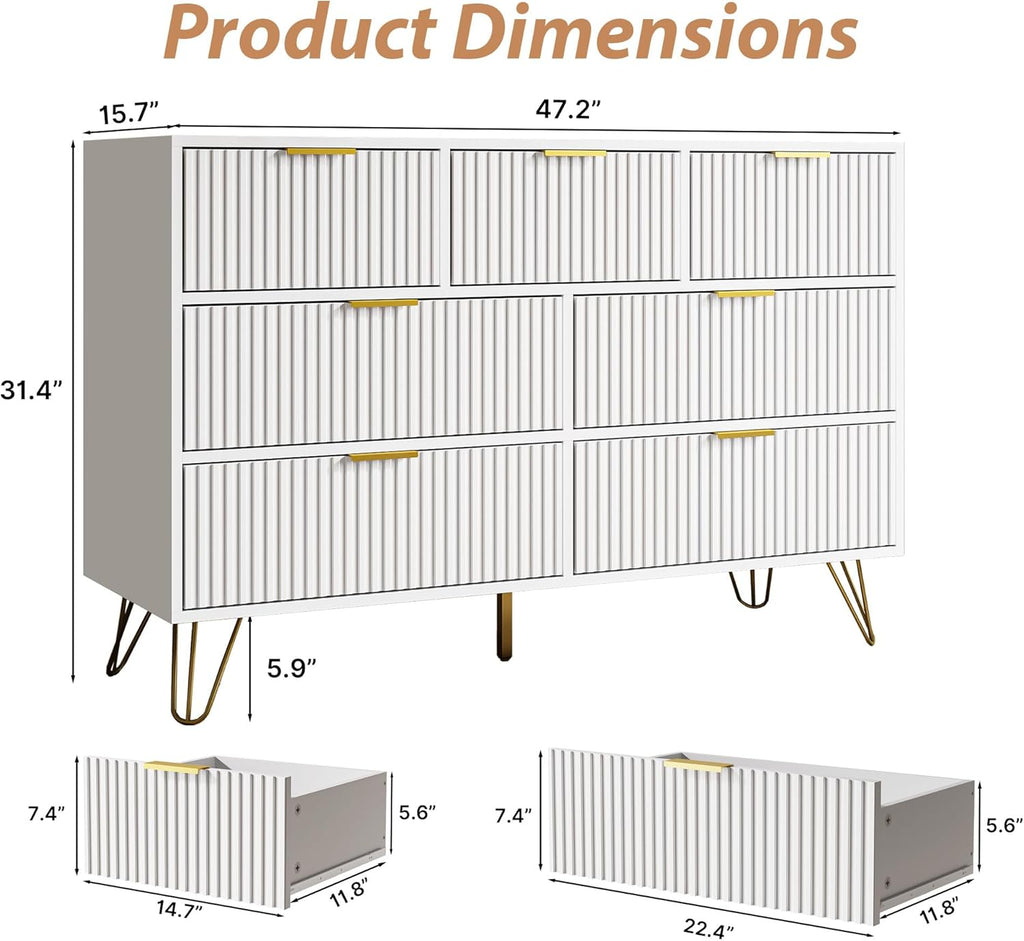 White Dresser for Bedroom, 7 Drawer Dresser with Gold Pulls, Wide Chest of Drawers for Bedroom, Entryway, 47.2" L x 15.7" D x 31.4" H