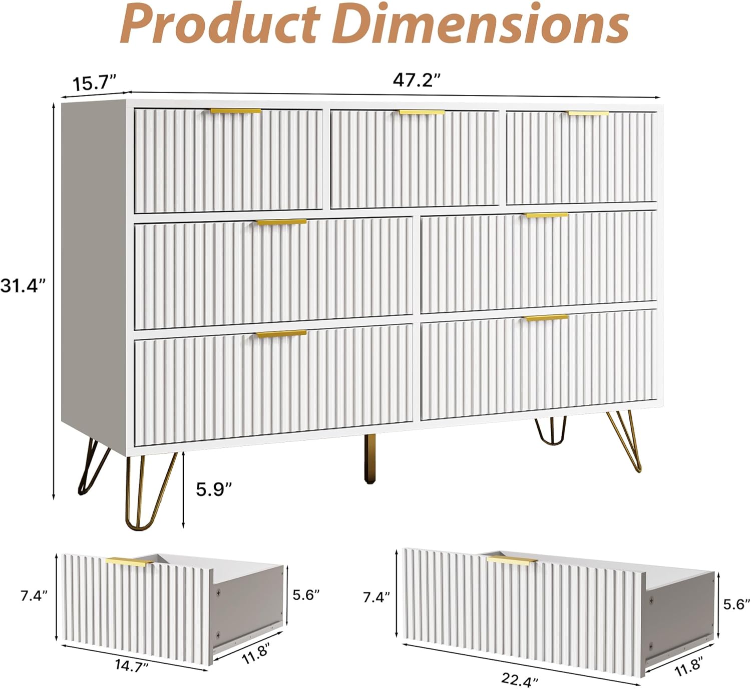 White Dresser for Bedroom, 7 Drawer Dresser with Gold Pulls, Wide Chest of Drawers for Bedroom, Entryway, 47.2" L x 15.7" D x 31.4" H