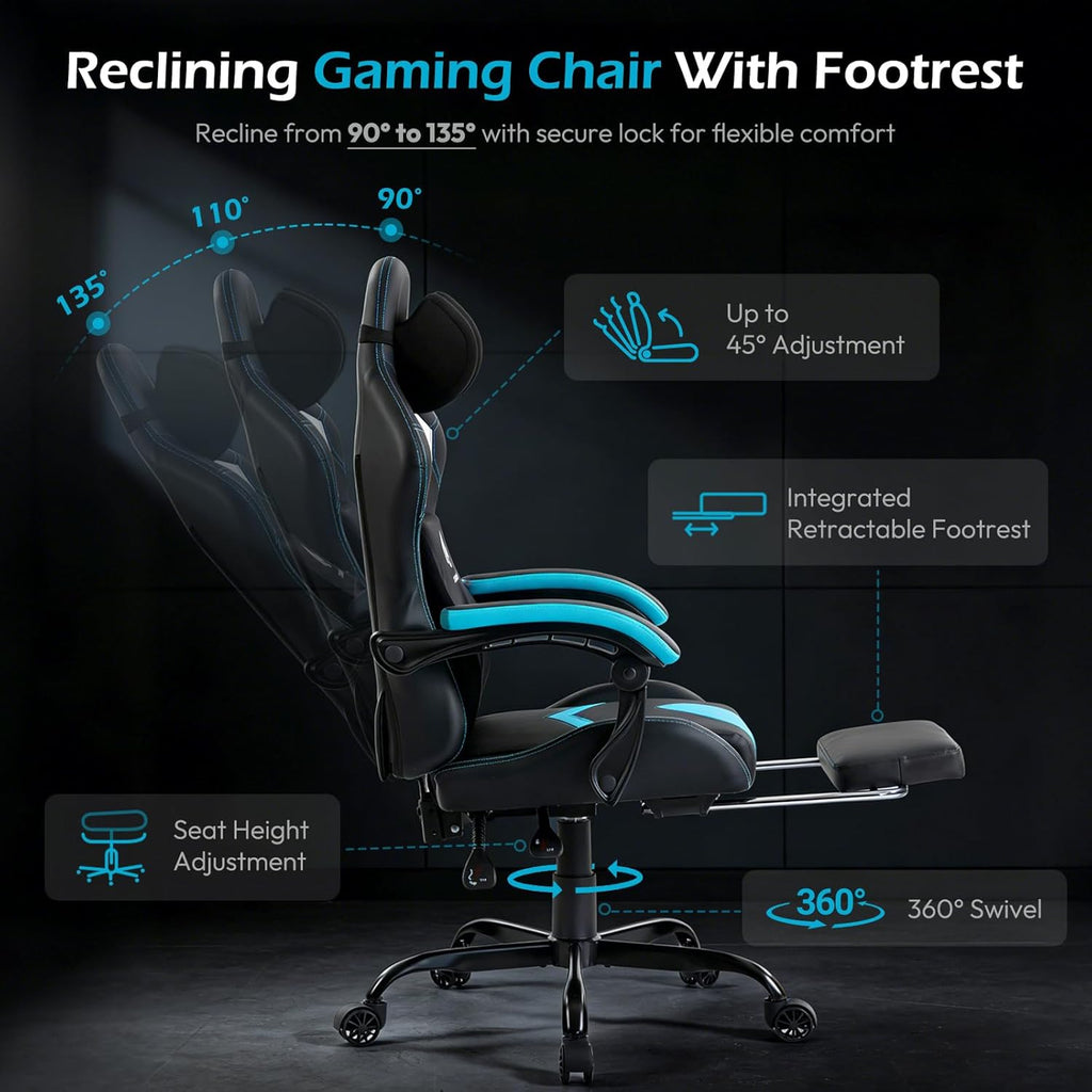 Ergonomic Gaming Chair for Adults with Footrest - Height Adjustable Reclining Gamer Chair 135° with Headrest and Lumbar Support, Comfy Video Game Computer Desk Chair for Home Office, Blue