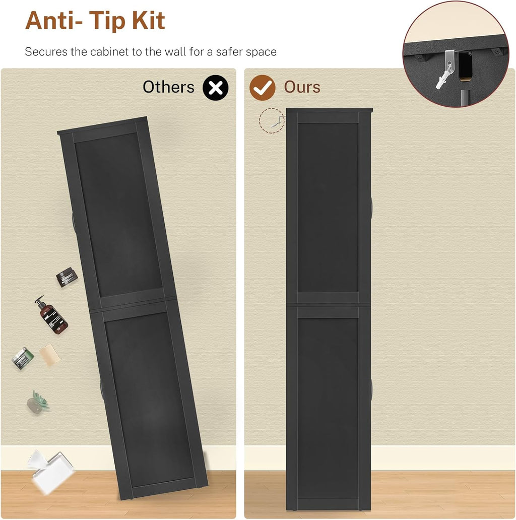 TEENFON 58" H Storage Cabinet with Adjustable Shelf, Kitchen Cabinet with 4 Doors, Farmhouse Pantry Cabinets, Cupboard for Kitchen, Bathroom, Living Room, Black