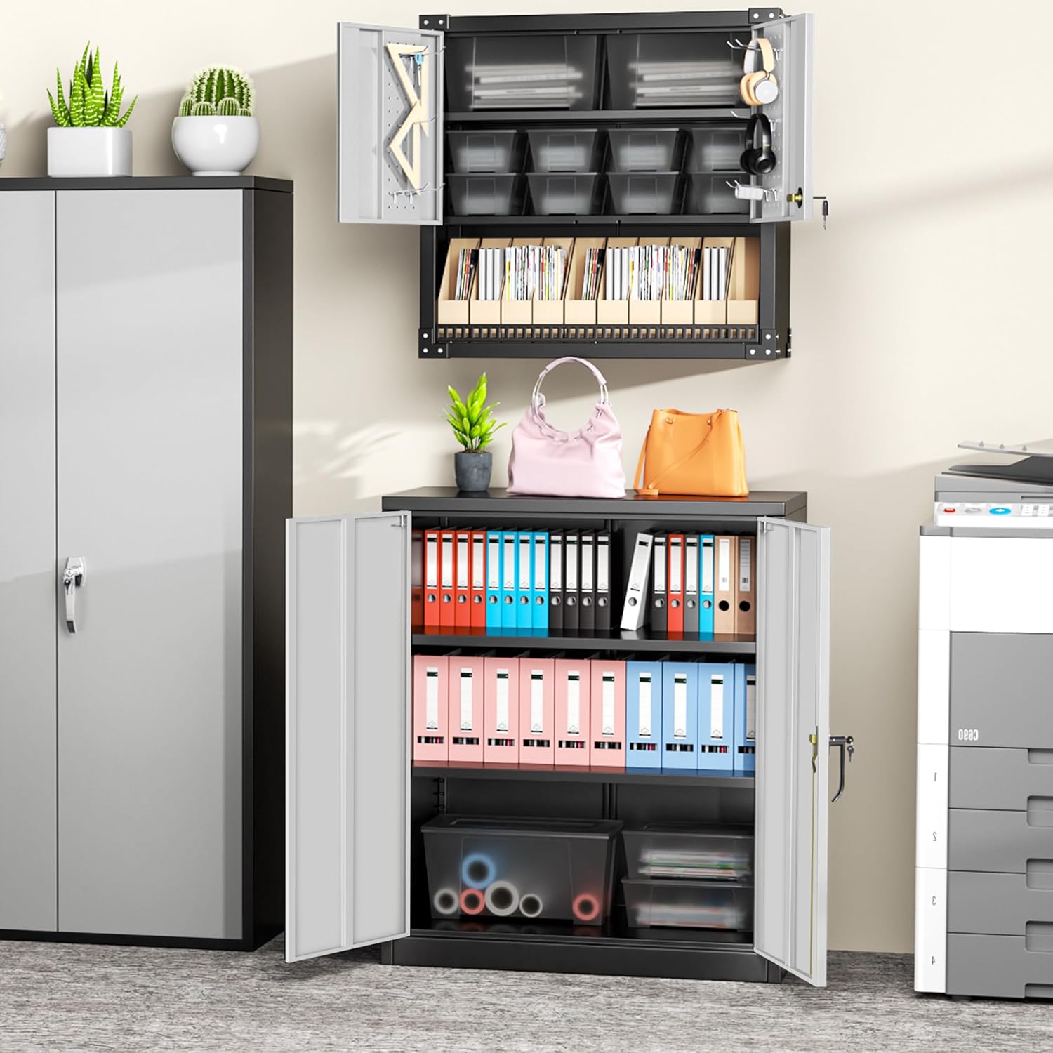 Greenvelly Metal Storage Cabinet,36" Lockable Storage Cabinet with Doors and Adjustable Shelves, Steel File Cabinet with Lock for Garage,Home,School,Pantry(Black Grey)