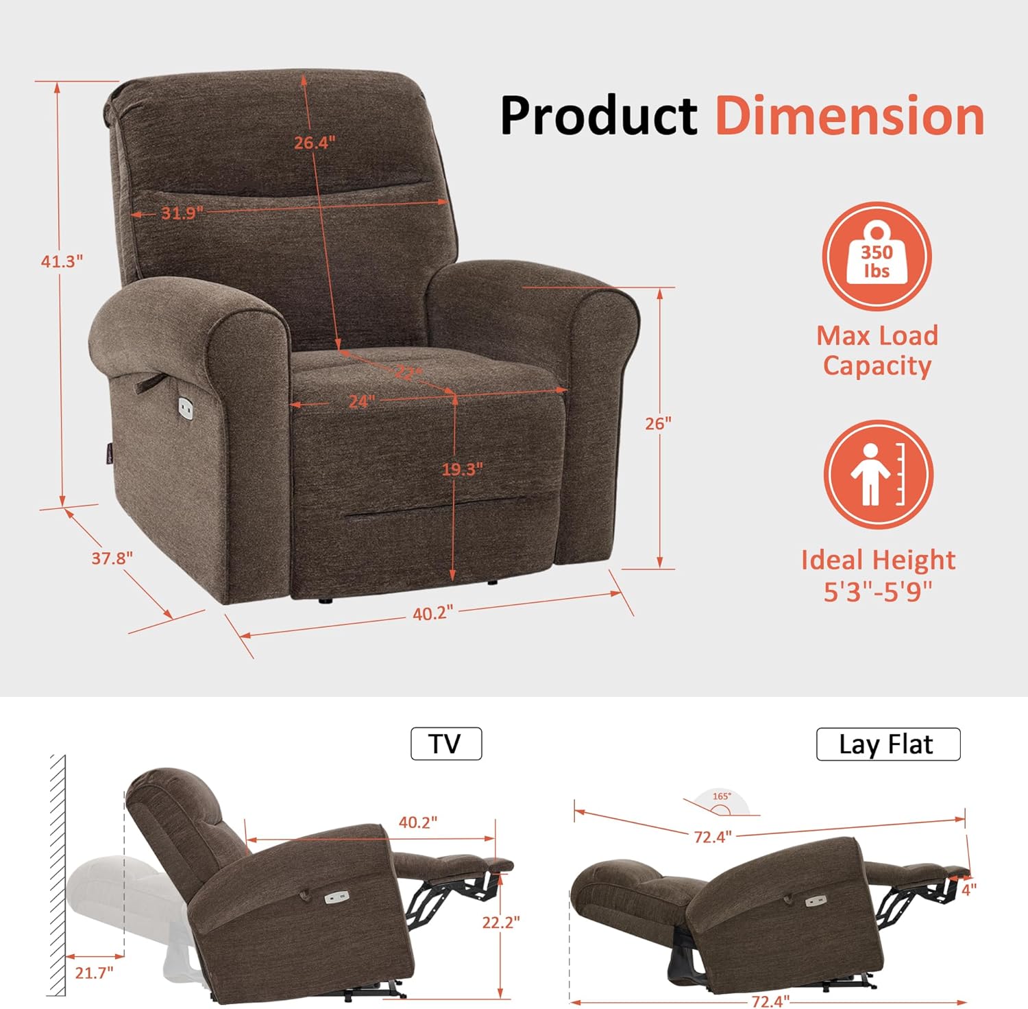 MCombo Dual Motor Power Lift Recliner Chair with Massage and Heat for Elderly, USB Ports, Lay Flat, Fabric 7666 (Dark Brown)