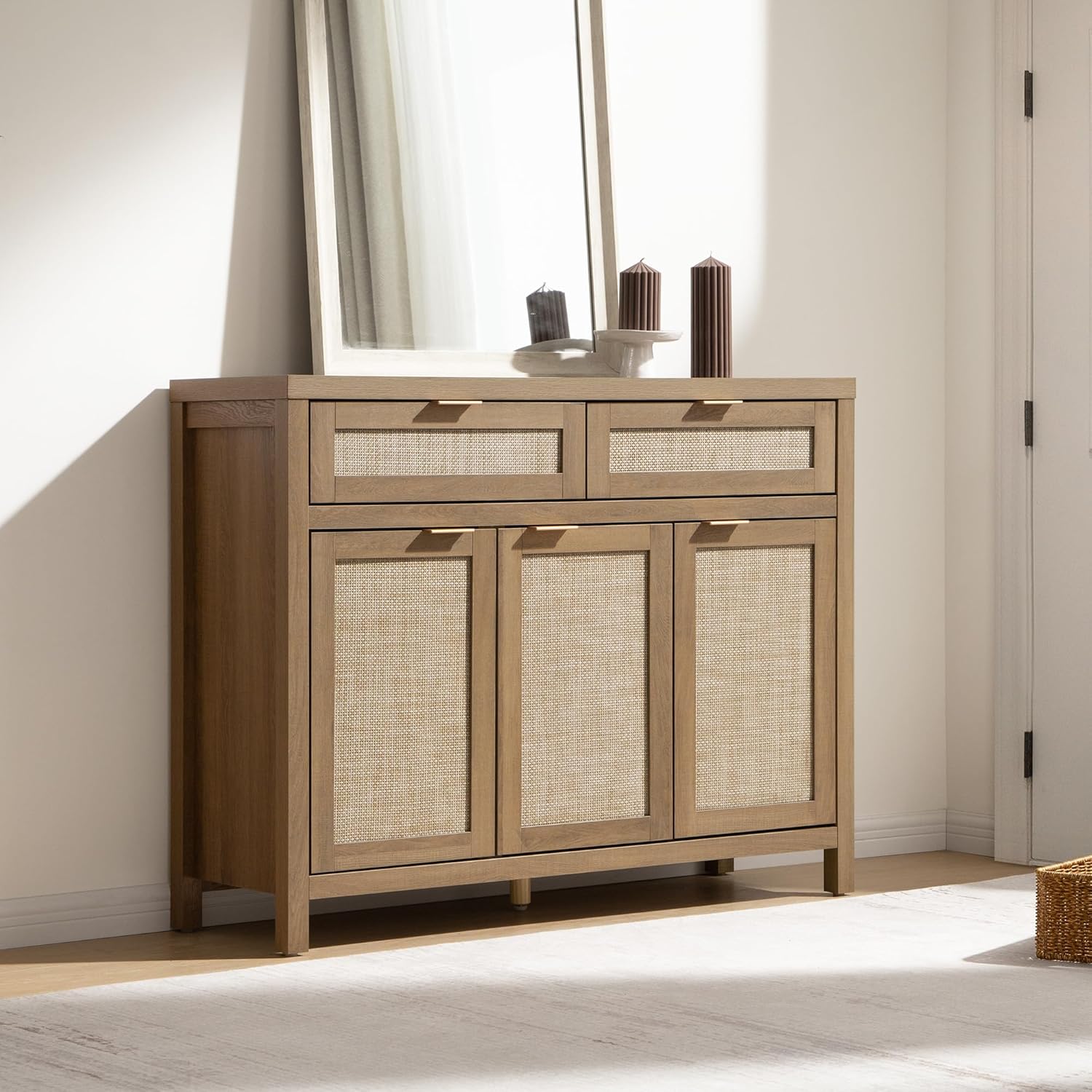 SICOTAS Rattan Sideboard Buffet Cabinet with Storage, Boho Credenza Accent Cabinet with 3 Doors and 2 Drawers, Farmhouse Console Coffee Bar for Kitchen, Living Room, and Entryway, Caramel Oak
