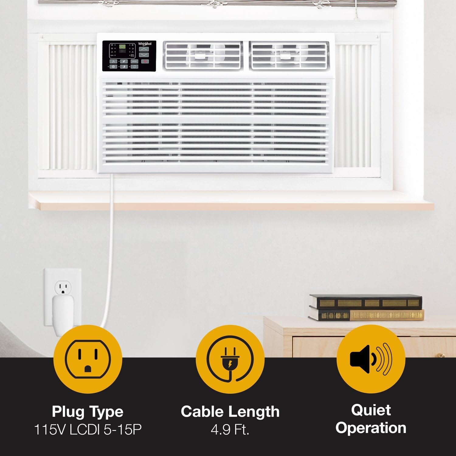 Whirlpool 8,000 BTU Window Air Conditioner with Supplemental Heat, Window Mounted AC Unit with Heater for Apartment, Living Room, Bedroom, Rooms up to 350 Square Feet
