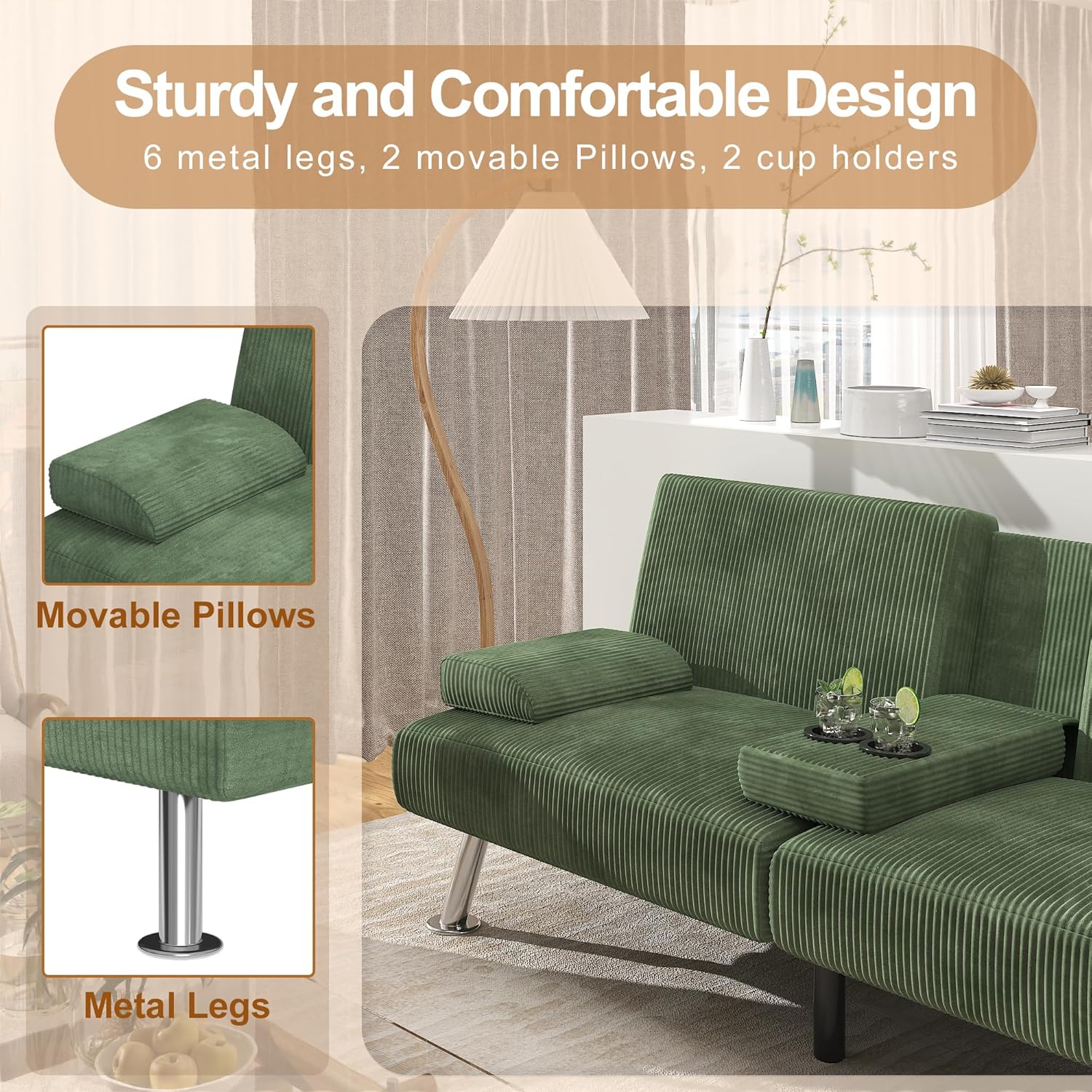 Shahoo Modern Upholstered Convertible Folding Futon Sofa Bed with Removable Armrests, Metal Legs, 2 Cup Holders for Living Room, Green