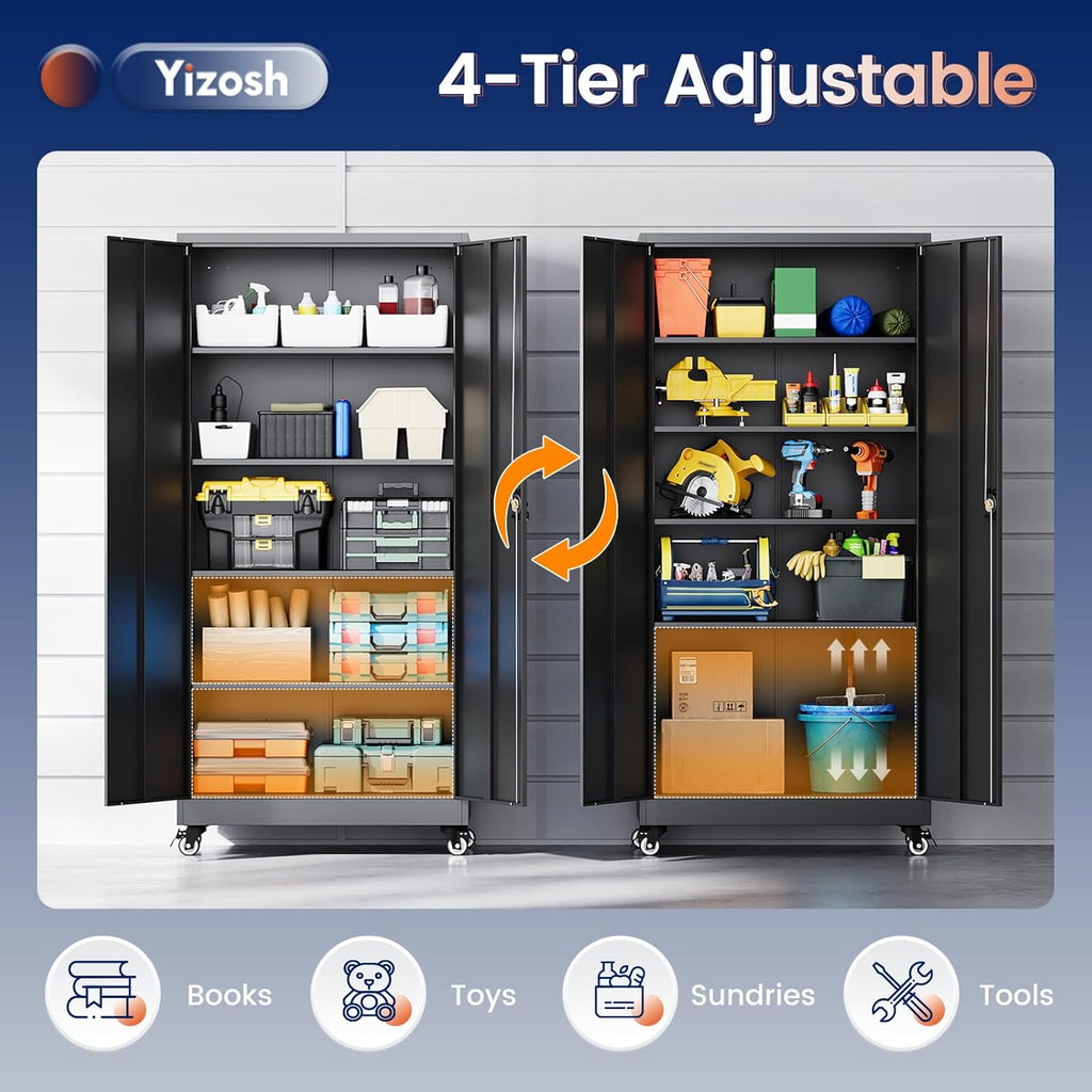 Yizosh Metal Garage Storage Cabinet with Locking Doors and Adjustable Shelves,- 75" Rolling Steel Tool Cabinet for Home Office,Garage,Warehouse