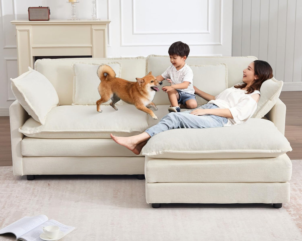 GNIXUU 76.7" Beige L Shaped Comfy Chenille Modular Cloud Sofa, Modern 2 Seater Couch with Movable Ottoman, Deep Seat Sofa with 4 Pillows for Living Room Apartment Small Places