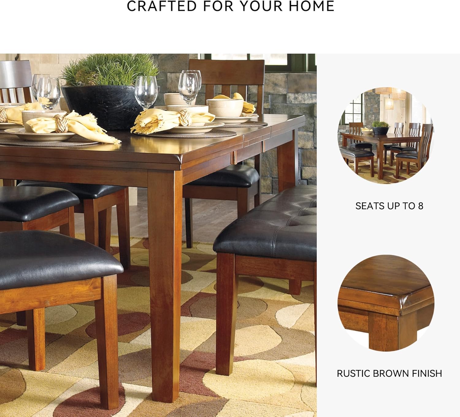 Signature Design by Ashley Ralene Rectangular Dining Room Extension Table, Seats 8, Self-storing Extension Leaf, Wood, 42" W x 78.13" D x 30.25" H, Medium Brown