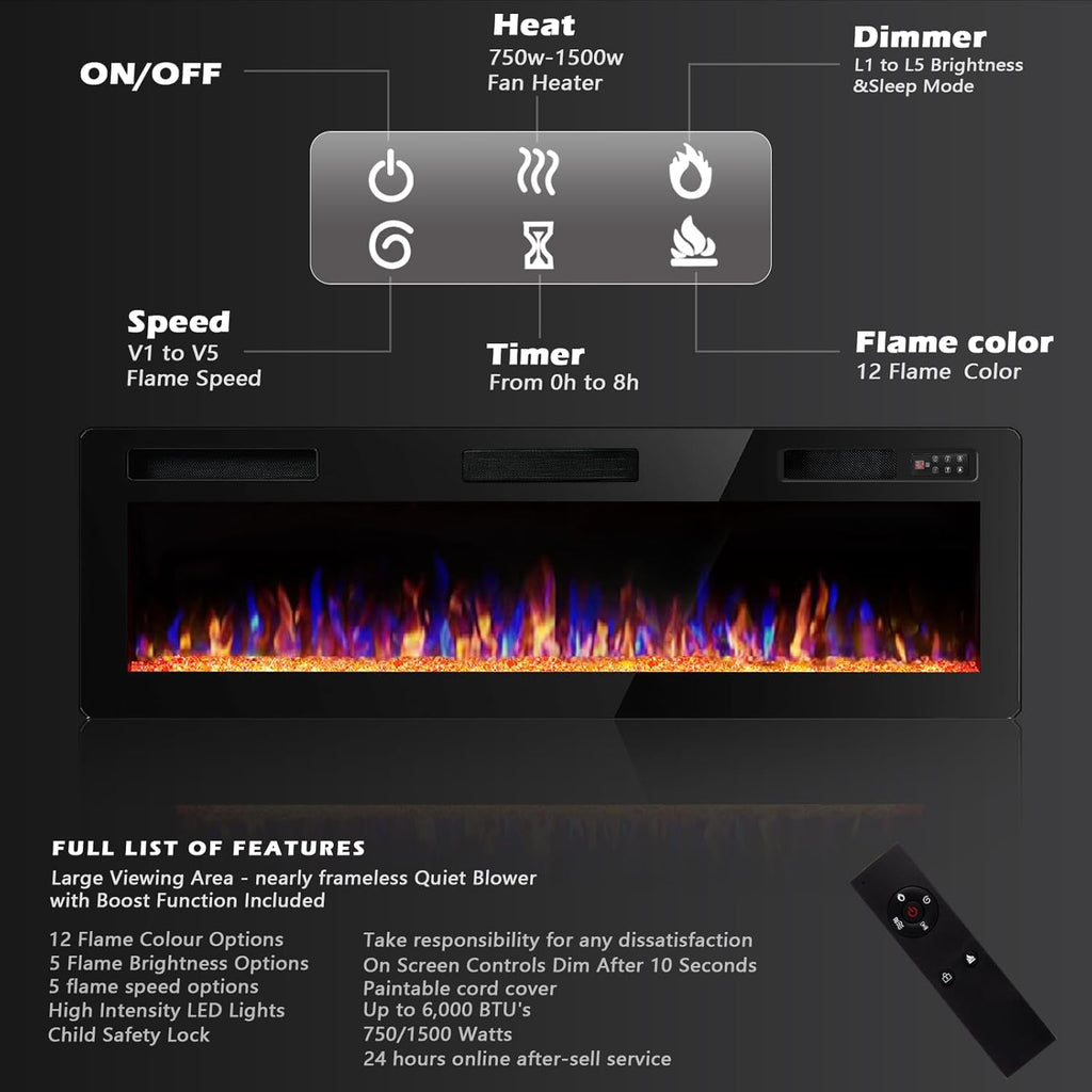 BOSSIN 60 inch Ultra-Thin Silence Linear Electric Fireplace, Recessed Wall Mounted Fireplace, Fit for 2 x 4 and 2 x 6 Stud, 12 Adjustable Flame Color & Speed,Touch Screen Remote Control with 8h Timer