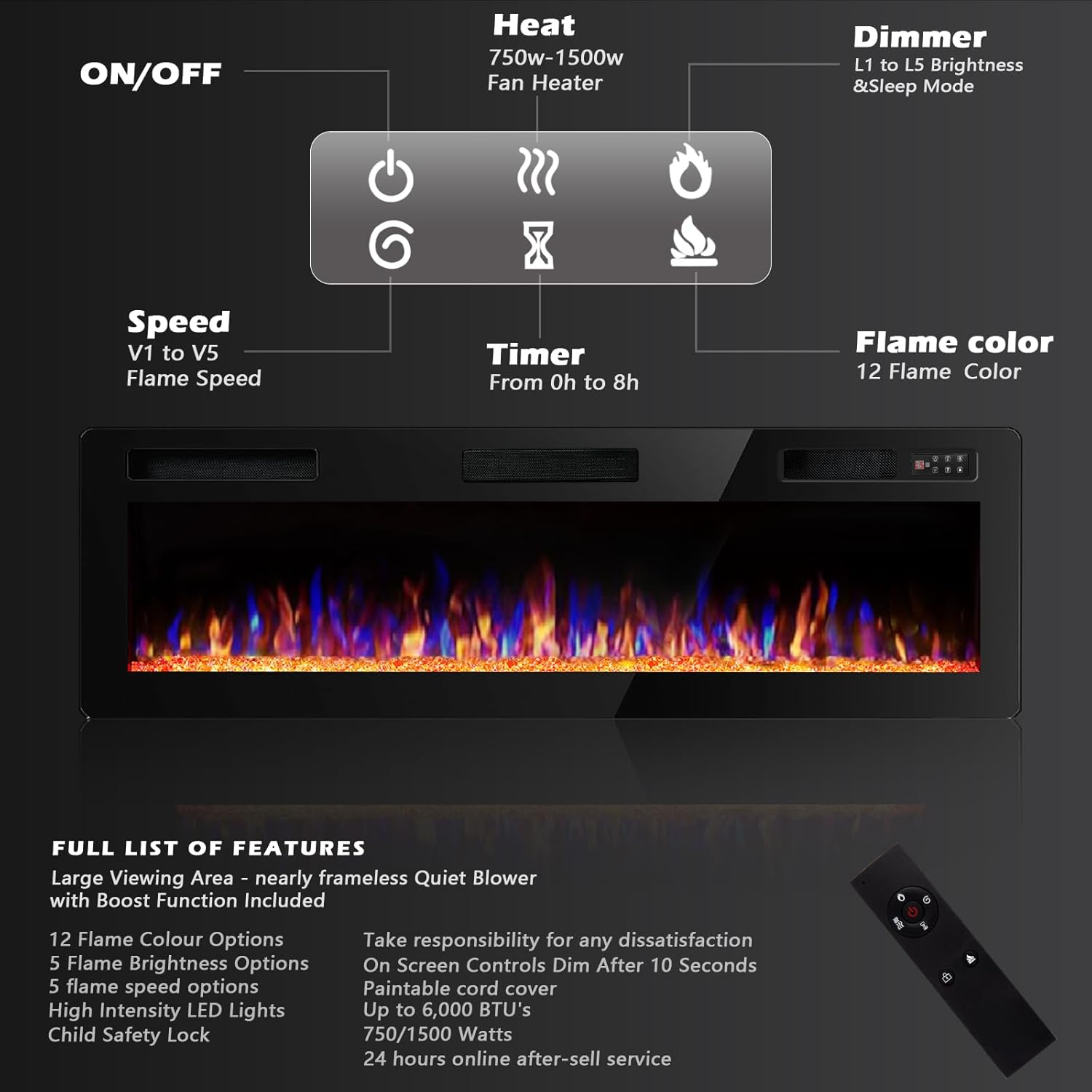 BOSSIN 60 inch Ultra-Thin Silence Linear Electric Fireplace, Recessed Wall Mounted Fireplace, Fit for 2 x 4 and 2 x 6 Stud, 12 Adjustable Flame Color & Speed,Touch Screen Remote Control with 8h Timer