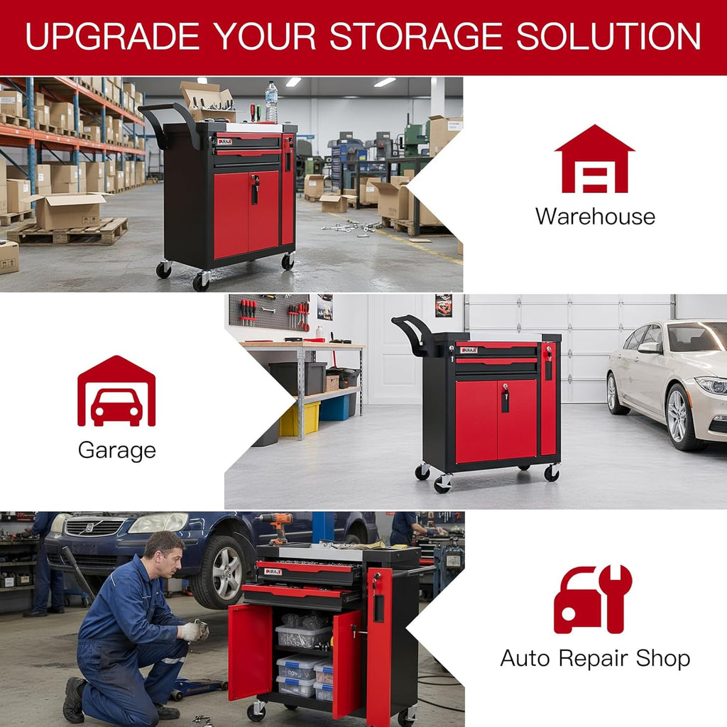 2-Drawer Tool Chest with Wheels, Rolling Tool Chest with Side Drawer,Tool Cabinet Drawers lockable,Tool Cart with Top compartment,for Garage Storage,Workshop,Home,Safety Rounded Corner Anti-collision