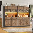 FINETONES 71" Pantry Cabinet with LED Light and Charging Station, Farmhouse Kitchen Pantry Cabinet with Microwave Stand, 47.2" Wide Kitchen Hutch Food Pantry with Open Countertop, Black/Brown
