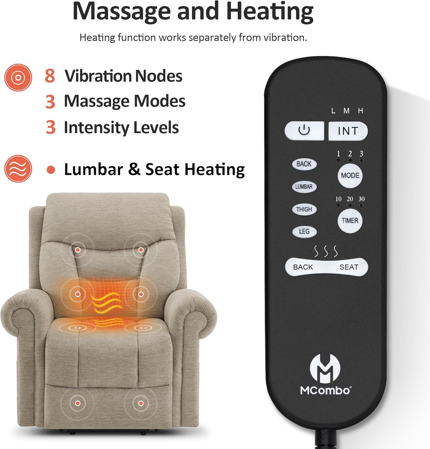 MCombo Triple Motor Power Lift Recliner Chair with Massage and Lumbar&seat Heating, Rolled Arms, Adjustable Headrest for Elderly People, Fabric 7888 (Beige, Medium)