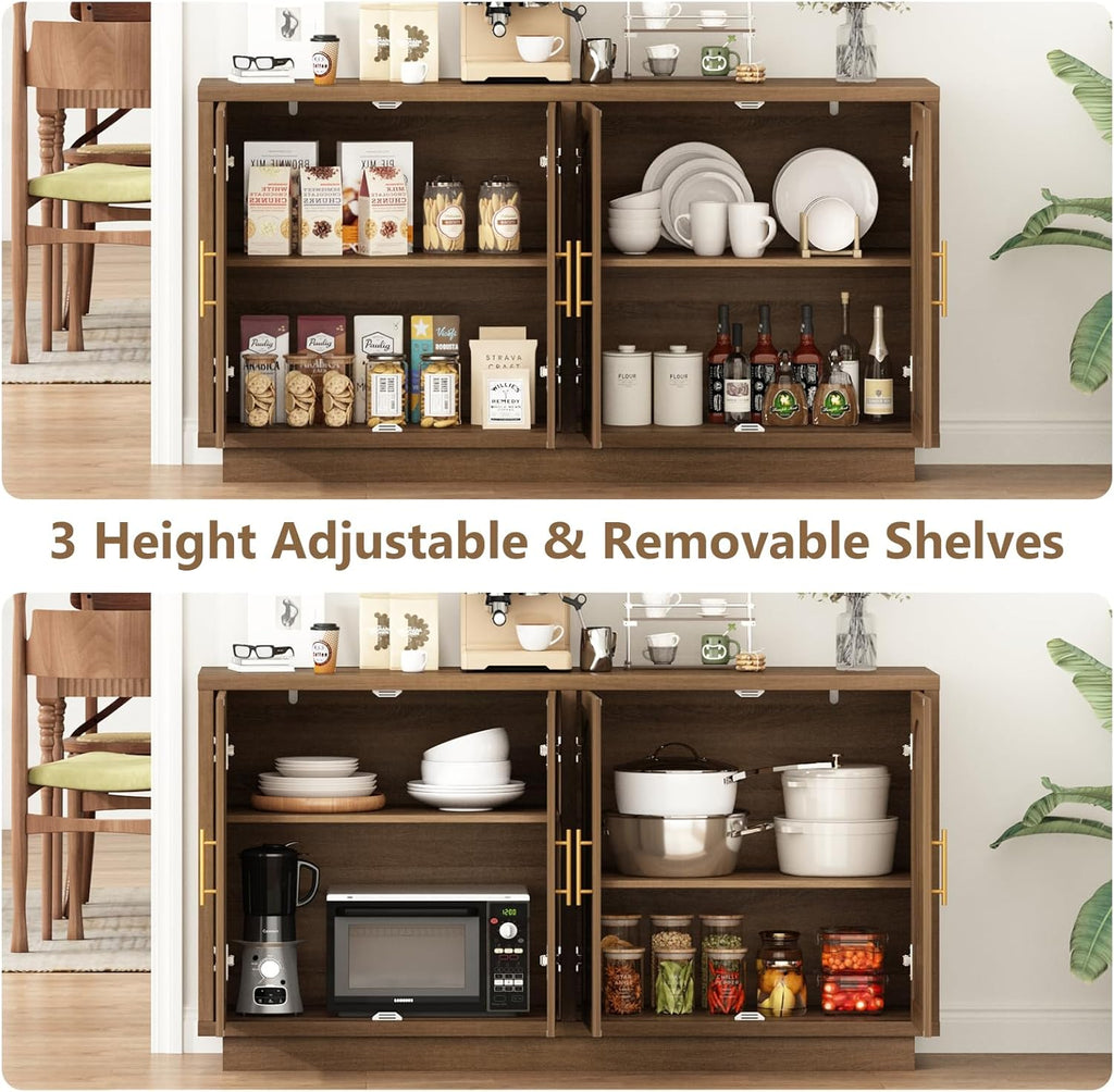 59-Inch Rattan Sideboard Buffet Cabinet, Farmhouse Storage Cabinets with Adjustable Shelves & 4 Arched Doors, Boho Credenza Coffee Bar Cabinet for Kitchen, Living Room, Entryway