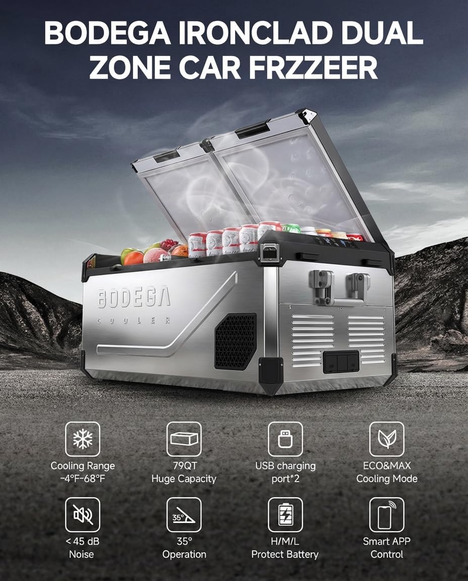 BODEGACOOLER 12 Volt Car Refrigerator, 79 Quart(75L) Portable Freezer Car Fridge Dual Zone With APP Control, -4℉-68℉ Electric Cooler, 12/24V DC and 100-240V AC, for Vehicles,Camping, RV, Outdoor