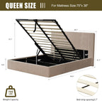 YUHUASHI Queen Size Storage Bed Frame, Vertical Striped headboard with Delicate Velvet Fabric, Hydraulic Lift for Storage, no Box Spring Needed, no Noise (Beige, Queen (U.S. Standard))