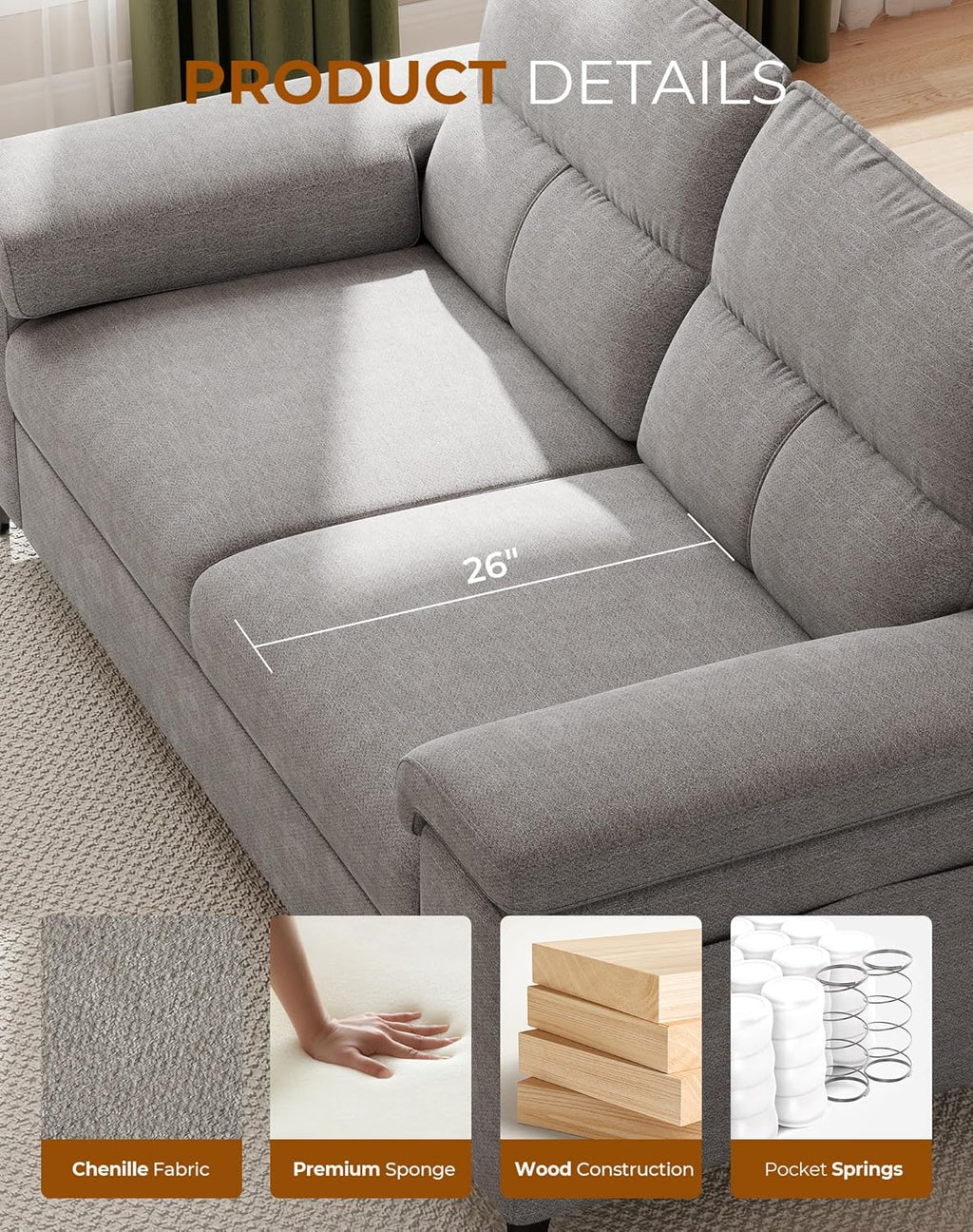 71.25" Modern Couches for Living Room, Deep Seat Sofa with 8” Cushion, Comfy 2-Seater Chenille Loveseat with Convertible Armrest, Removable Sofa Cover, High Leg(Light Gray)
