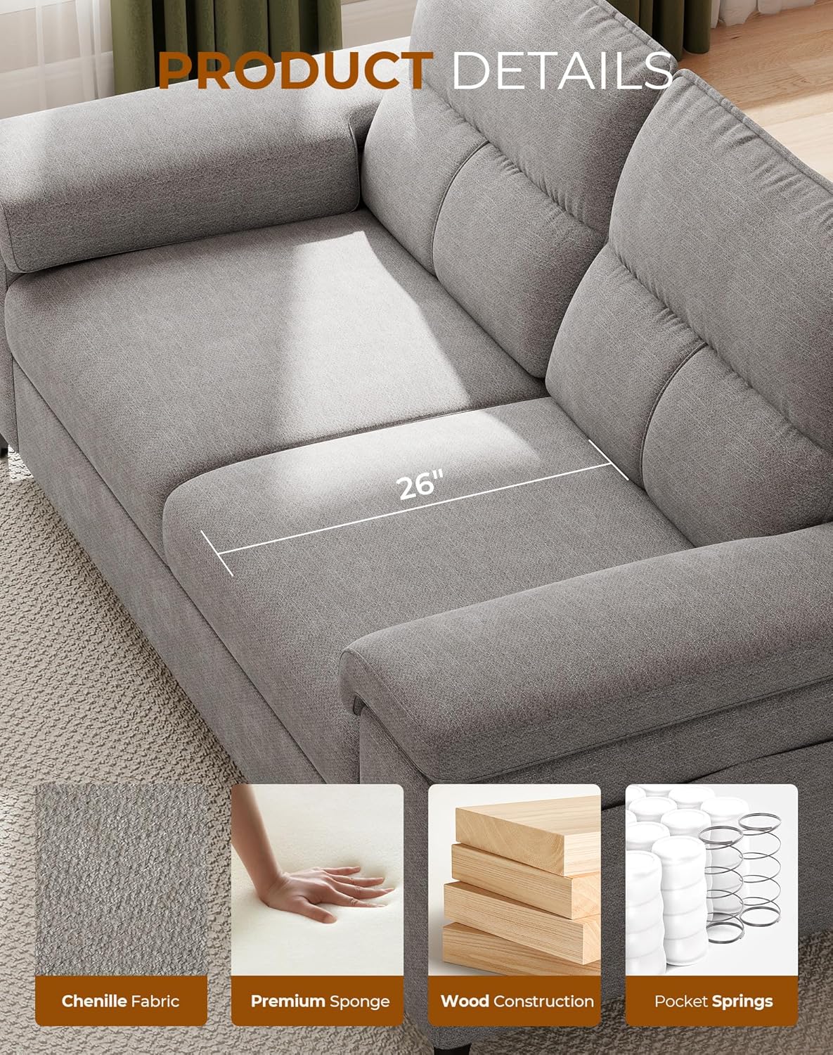 88.97" Modern Sofa Couches for Living Room, Deep Seat Sofas with 8”Cushion, Comfy 2-Seater Chenille Loveseat with Convertible Armrest, Removable Sofa Cover, High Leg(Light Gray)