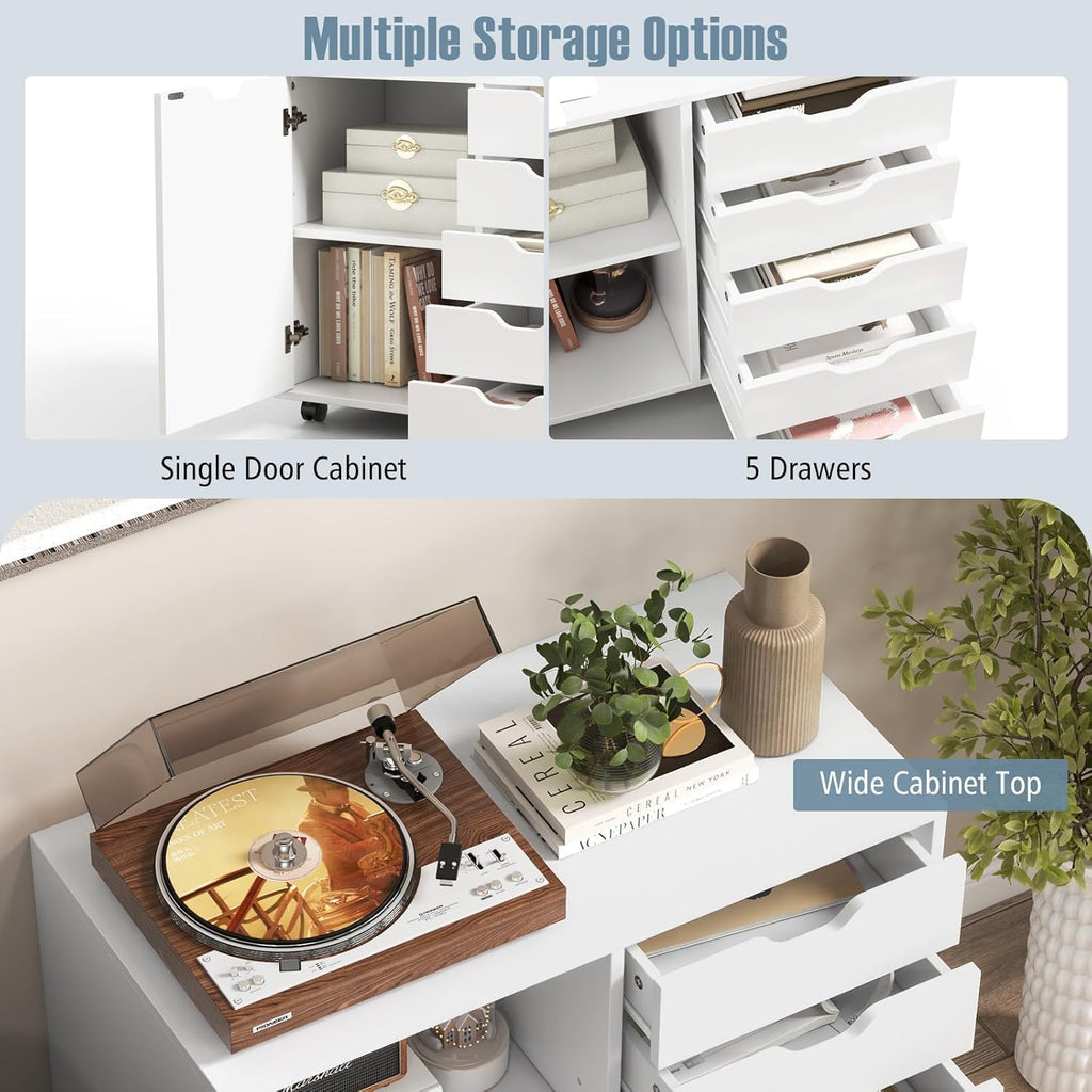 5-Drawer Wood Drawer Cabinet, Office Storage Cabinet with Adjustable Shelf & Wheels, Printer Stand for Home Office, White, 15.7" D x 30.7" W x 25.4" H