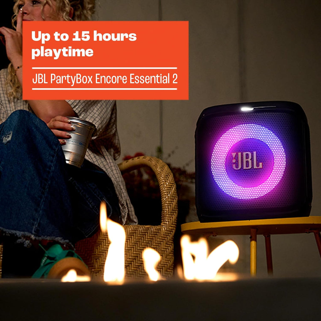 JBL PartyBox Encore Essential 2 - Portable Battery-Powered Party Speaker with AI Sound Boost  Up to 15 Hours of Play time  IPX4 Splash Proof  and Multi-Speaker Connection by Auracast (Black)