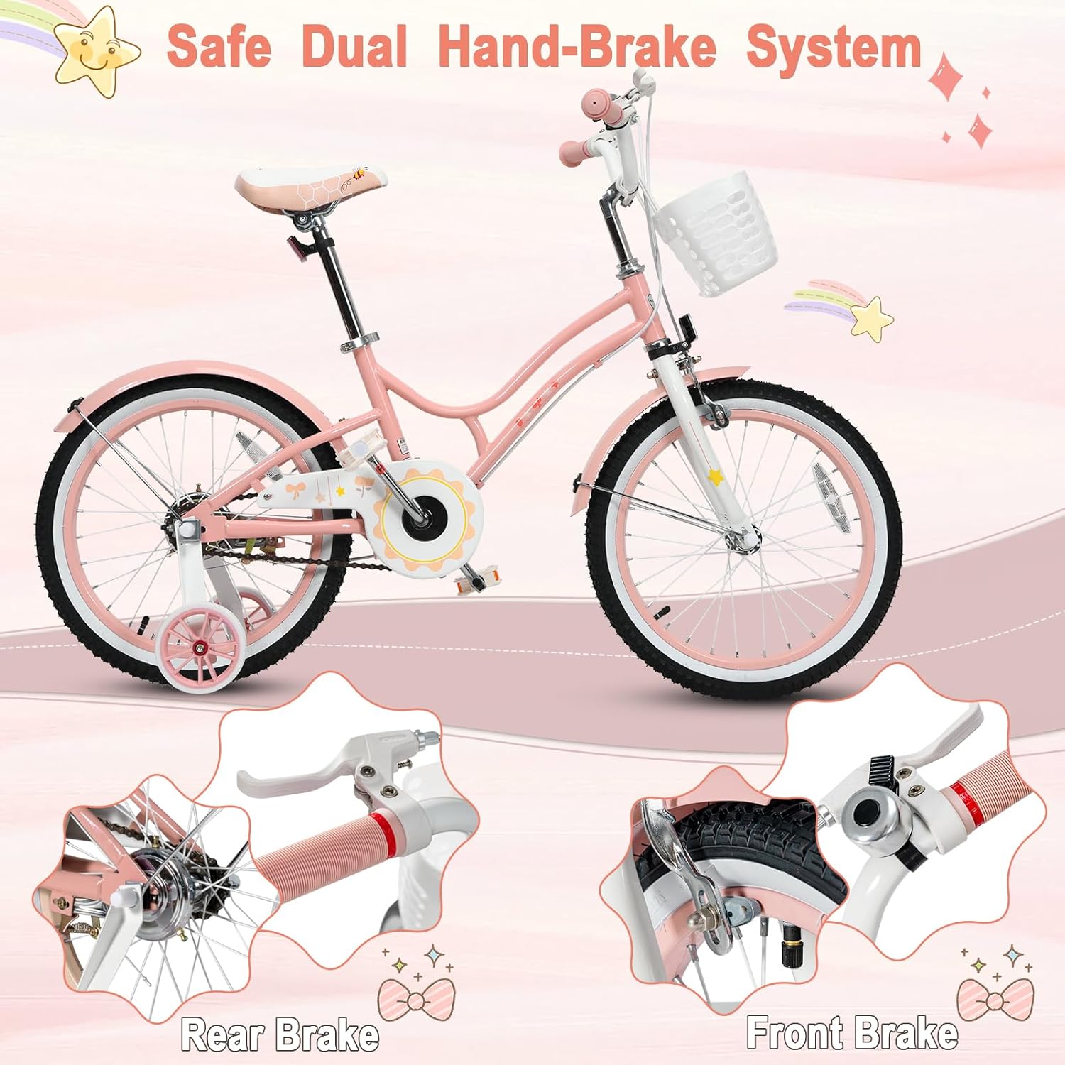 HONEY JOY Kids Bike, 12 14 16 18 20 Inch Toddler Bikes w/Training Wheels, Handbrake & Coaster Brake, Fully Enclosed Chain, Adjustable Handlebar & Seat, Kids Bicycle w/Basket, Girls Boys Bike 3-8